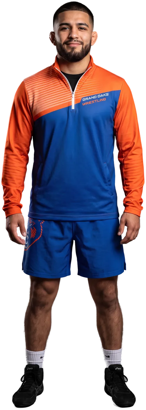 Three wrestlers in the orange and royal-blue Elite bundle