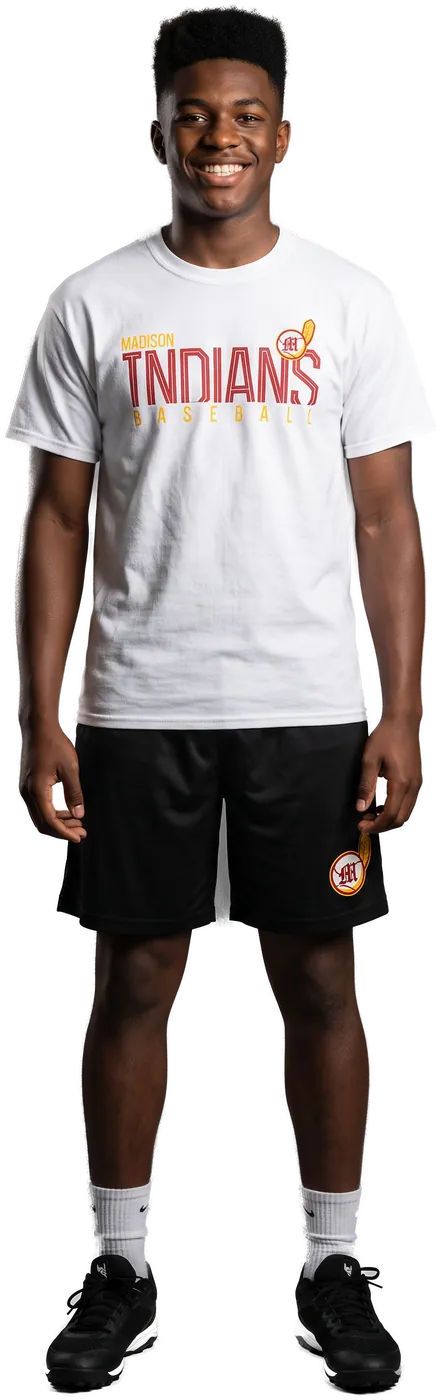 Teen ballplayer in the white Madison Indians tee and black shorts