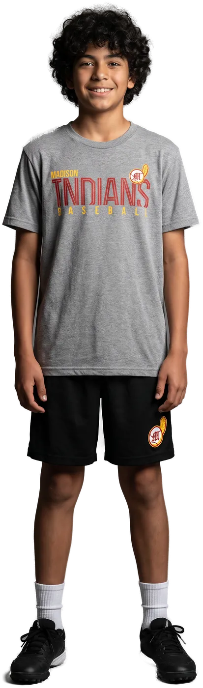Youth ballplayer in the grey Madison Indians tee and black shorts