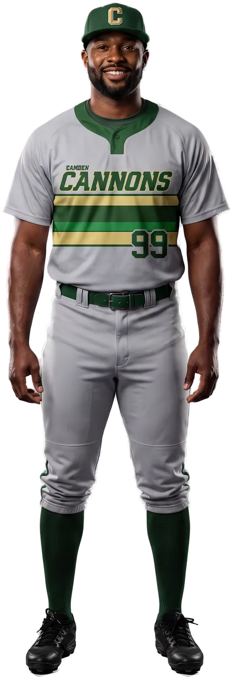 Ballplayer in the grey Camden Cannons 1-button jersey and grey knickers