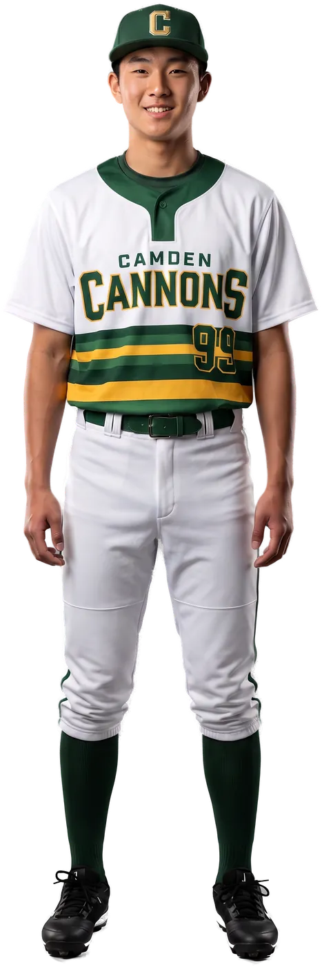 Teen ballplayer in the white Camden Cannons 1-button jersey
