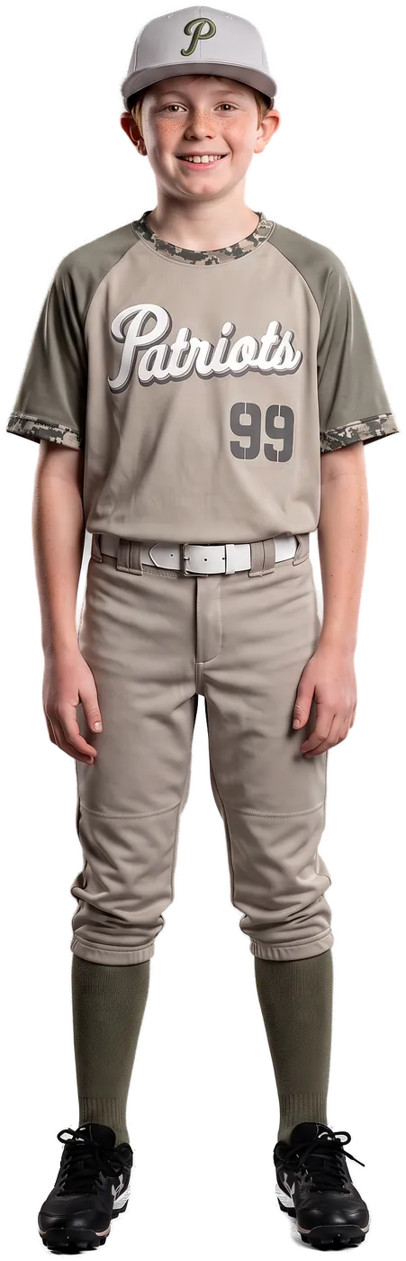 Youth ballplayer in the tan and camo Patriots GameDay uniform