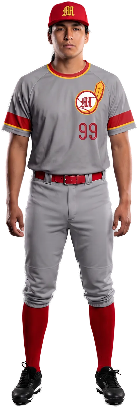 Ballplayer in the grey Indians crewneck jersey, grey knickers and red socks