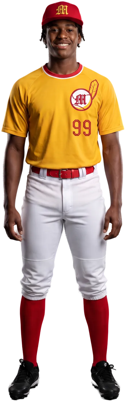 Teen ballplayer in the gold Indians crewneck jersey, white knickers and red socks