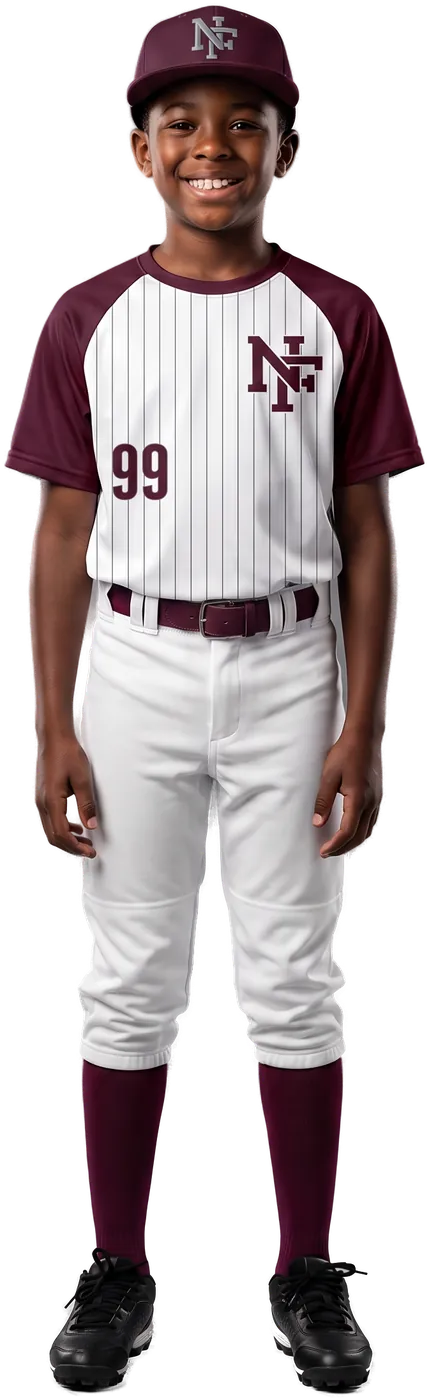 Youth ballplayer in the white pinstripe NF crewneck jersey
