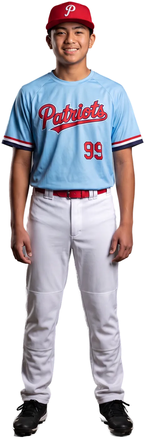 Teen ballplayer in the light-blue Patriots crewneck jersey and red cap