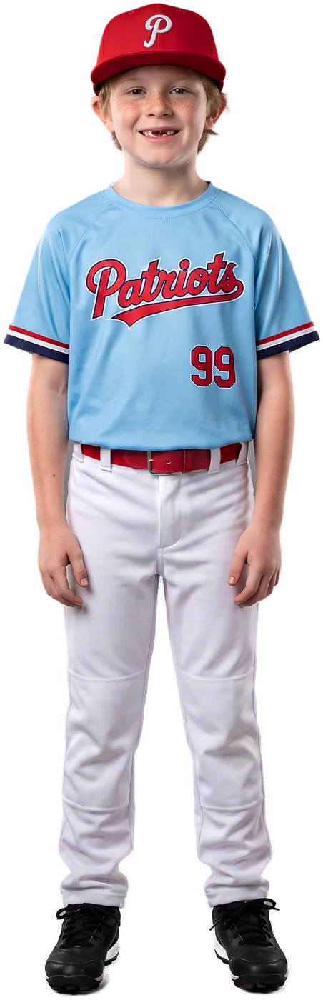 Youth ballplayer in the light-blue Patriots crewneck jersey and red cap