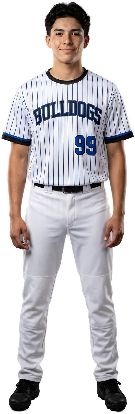 Teen ballplayer in the white pinstripe Bulldogs crewneck jersey
