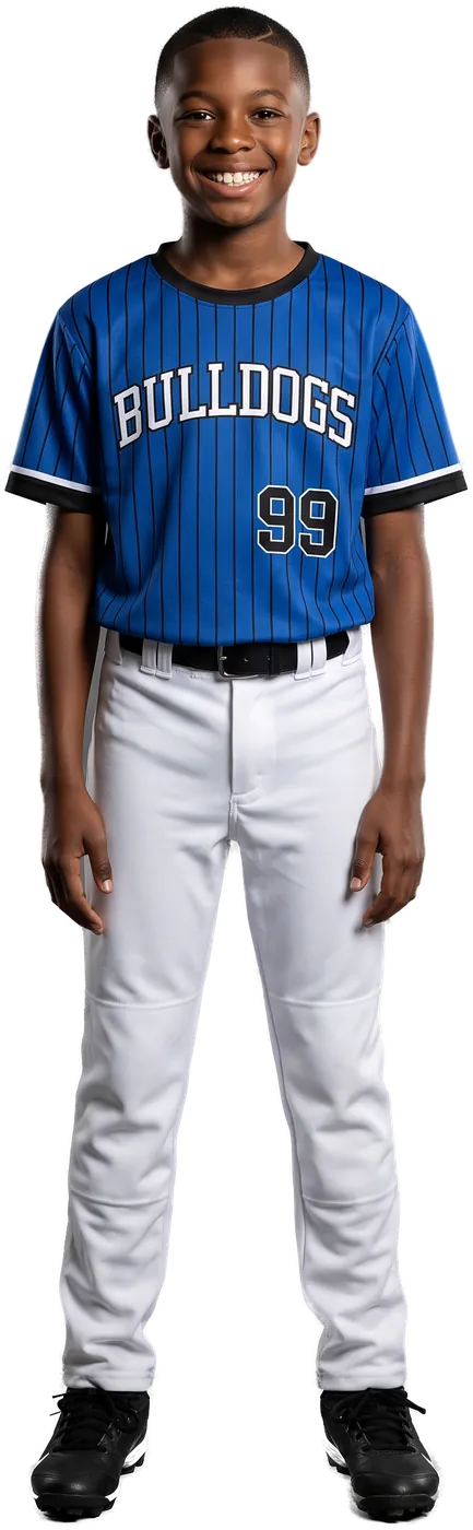 Youth ballplayer in the royal-blue pinstripe Bulldogs crewneck jersey