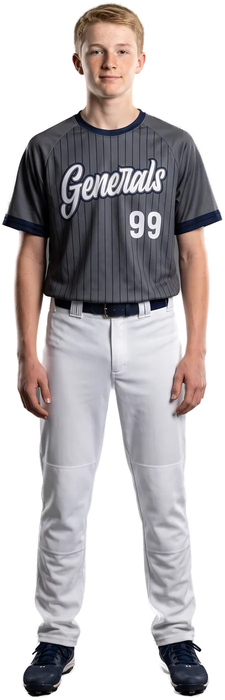 Teen ballplayer in the charcoal pinstripe Generals crewneck jersey