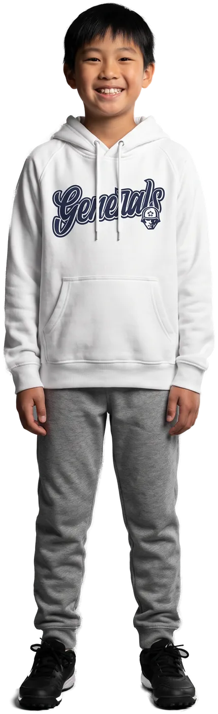 Youth ballplayer in the white Generals hoodie