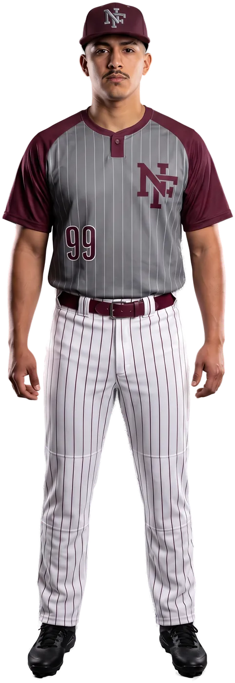 Ballplayer in the grey pinstripe NF 1-button jersey and pinstripe pants