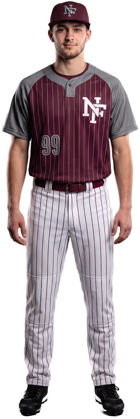 Teen ballplayer in the maroon pinstripe NF 1-button jersey and pinstripe pants
